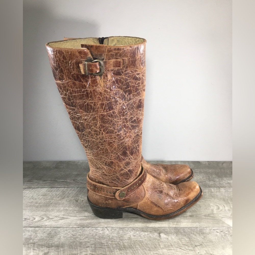 Womens Sundance VU6003 Harness Distressed Brown Leather Moto Biker Boots Size 10